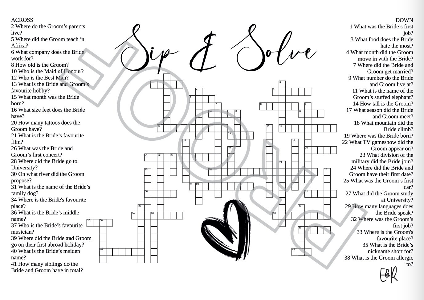 Wedding Crossword Etsy Wedding Crossword Etsy