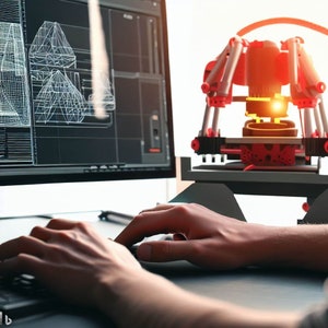 May include: A person's hands are using a computer keyboard to design a 3D model on a computer screen. A 3D printer is in the background, with a red and black robotic arm.