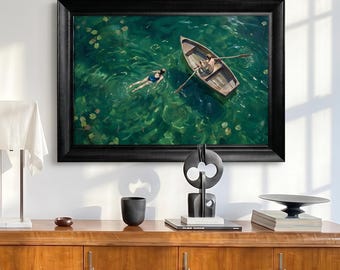 Emerald Waters Wall Art Print, Rowboat Lake Canvas, Swimmer Painting, Framed Summer Artwork, Vintage Retro Wall Art Minimalist Holiday Decor