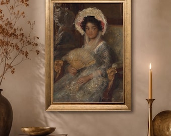 Isabella by Simon Maris Wall Art Print, Vintage Portrait Painting, Young Woman with Fan, Antique European Art, Classical Portrait Decor