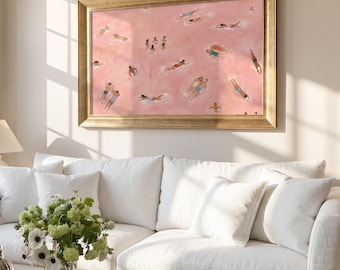 Kunstdruck „Winzige Schwimmer am Pool“, minimalistisches Gemälde „Winzige Menschen schwimmen an einem rosa Strand“, strukturierte Sommerwandkunst, Luftbild-Stranddruck