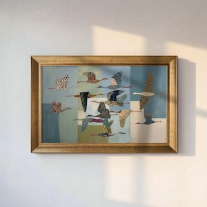 Whimsical Birds Art Print: Colorful Crane Illustration, Modern Folk Decor