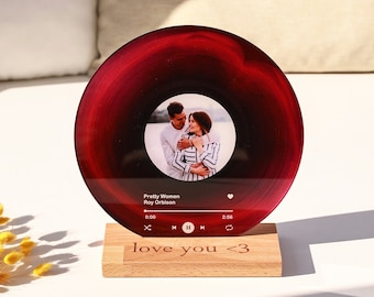 Custom Song Plaque as Anniversary Gift - Personalized Vinyl with Wooden Stand - Personalized Record with Your Photo as Valentines Day Gift