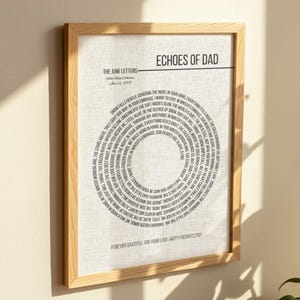 May include: A framed print with the text "Echoes of Dad" in a wooden frame. The print features a circular arrangement of text, with additional text at the top and bottom. The print is on a light-colored fabric.