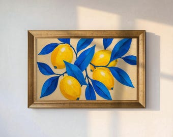 Lemon Botanical Canvas Print, Blue Leaf Lemon Wall Decor, Mediterranean Kitchen Wall Art, Framed Citrus Painting, Colorful Fruit Wall Decor