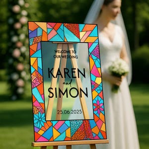 Floral Wedding Welcome Sign – Custom Name Date Acrylic Plaque for Outdoor Indoor Wedding Entrance Display - Stained Glass Wedding Sign