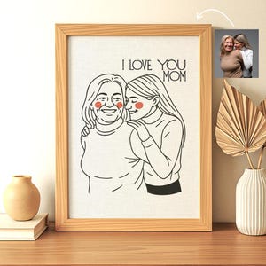 Niedliches Line Art Porträt für Mama - personalisierter Stoffdruck vom Foto - gerahmtes Muttertags-Geburtstagsgeschenk von Tochter Sohn - I Love You Mom