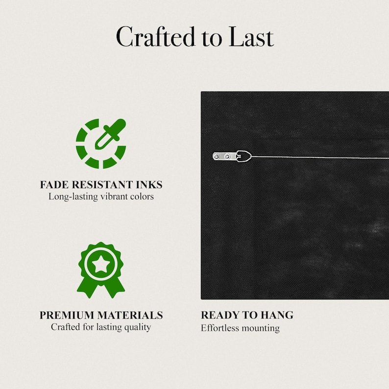 K&ouml;nnte beinhalten: Eine Produktinformationsgrafik mit dem Titel Crafted to Last. Sie zeigt gr&uuml;ne Symbole f&uuml;r lichtbest&auml;ndige Tinten und hochwertige Materialien sowie eine schwarze Platte mit einer Metallaufh&auml;ngung und einem Draht.