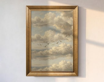 Vintage Cloudscape Canvas Wall Art, Flying Birds Painting, Neutral Sky Landscape Print, Framed Classic Nature Art, Cottagecore Wall Decor