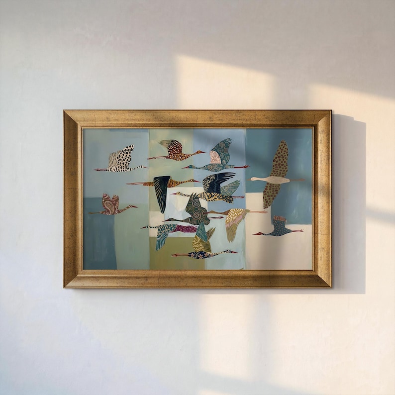 Whimsical Birds Art Print: Colorful Crane Illustration, Modern Folk Decor