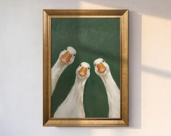Three Curious White Gees Wall Art, Funny Vintage Farmhouse Duck Bathroom Art, Silly Goose Toilet Humor Wall Art, Cute Animal Wall Art