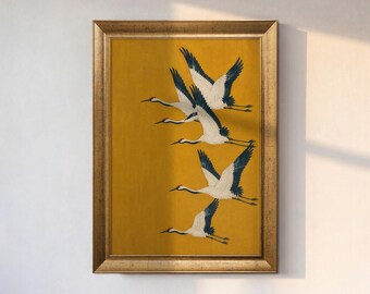 Flying Cranes Canvas Wall Art, Japanese Bird Print, Mustard Yellow Wall Decor, Framed Crane Artwork, Asian Inspired Nature Art