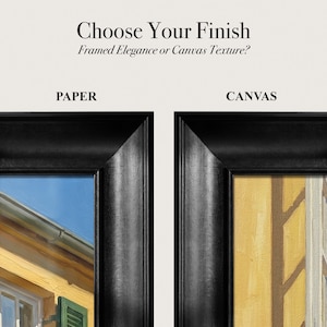 K&ouml;nnte beinhalten: Eine Vergleichsgrafik mit dem Titel Choose Your Finish, Framed Elegance or Canvas Texture? zeigt zwei schwarze Rahmen. Die linke Seite mit der Beschriftung PAPER zeigt ein Geb&auml;ude&auml;u&szlig;eres, w&auml;hrend die rechte Seite mit der Beschriftung CANVAS eine texturierte gelbe Wandfl&auml;che zeigt.