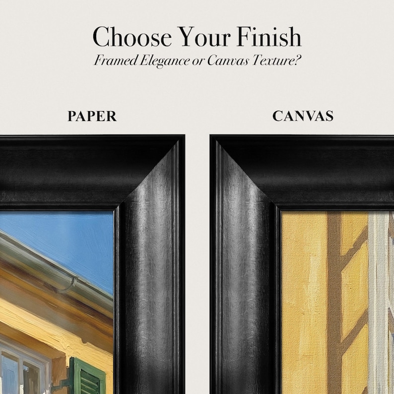 K&ouml;nnte beinhalten: Eine Vergleichsgrafik mit dem Titel Choose Your Finish, Framed Elegance or Canvas Texture? zeigt zwei schwarze Rahmen. Die linke Seite mit der Beschriftung PAPER zeigt ein Geb&auml;ude&auml;u&szlig;eres, w&auml;hrend die rechte Seite mit der Beschriftung CANVAS eine texturierte gelbe Wandfl&auml;che zeigt.