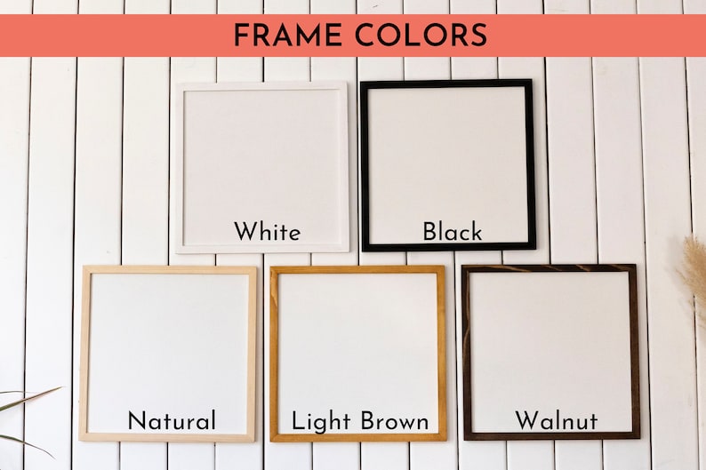 May include: Five different frame colours: white, black, natural, light brown, and walnut. The frames are all square and have a white background.