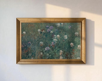 Blooming Clover Wall Art Print, Jac van Looij Floral Painting, Vintage Botanical Meadow Art, Green Wildflower Wall Decor, Cottagecore Art