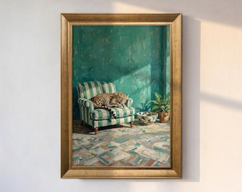 Sleepy Leopard on Green Sofa Wall Art, Fashion Magazine Wall Art, Vintage Fashion Poster, Living Room Wall Art, Rustic Farmhouse Decor