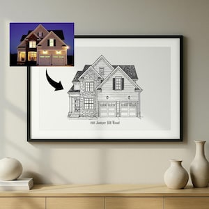Stampa di linee di casa personalizzate, schizzo di casa incorniciato, regalo per nuovi proprietari di casa, stampa di architettura, regalo di inaugurazione della casa, regalo per agente immobiliare, regalo per la prima casa