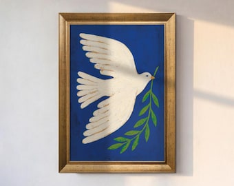 White Dove Wall Art Print, Peace Bird Canvas Decor, Olive Branch Art, Blue Wall Art, Spiritual Home Decor, Nursery Wall Decor