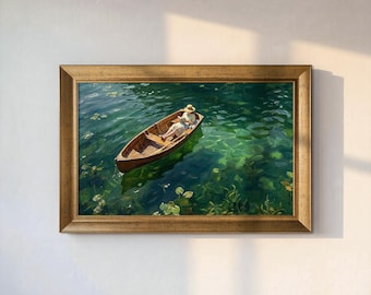 Lake House Wall Art, Green Lake Boat Print, Rowboat Painting, Nature Wall Decor, Cottagecore Poster, Framed Serene Lake Art