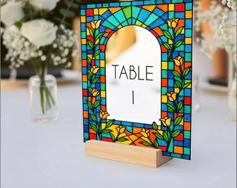 Stained Glass Wedding Table Numbers – Acrylic Arch Table Decor – Colorful Reception Signs – Floral Number Signs for Wedding - Wedding Decor