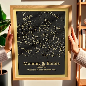 Carte des étoiles en aluminium personnalisée pour maman - Impression personnalisée encadrée de ciel nocturne avec noms et message - Cadeau pour la fête des Mères de sa fille - Cadeau d'anniversaire de maman
