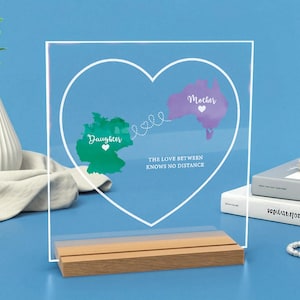 Benutzerdefiniertes Zwei-Standort-Acrylgeschenk für Mutter - Personalisierte Ferntochter-Kartentafel mit Namen - Muttertagsandenken - Mutter zum Geburtstag