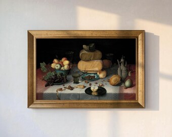 Floris Claesz van Dijck Still Life with Cheese Canvas Print, Dutch Golden Age Painting, Vintage Kitchen Wall Art, Framed Food Decor