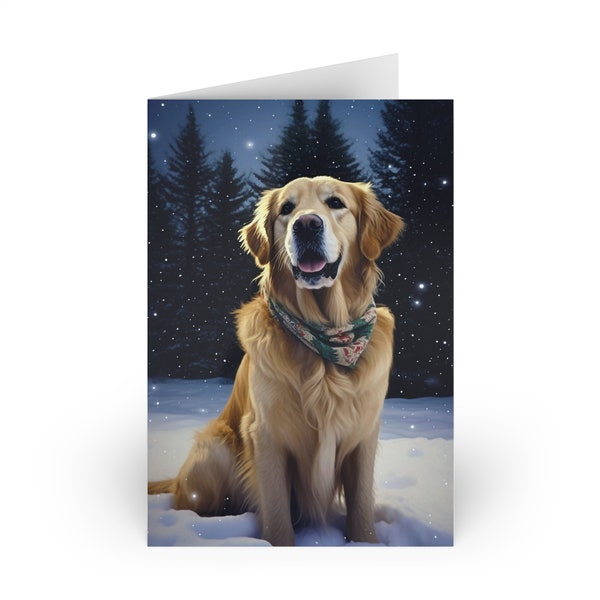 Golden Retriever Snowy Scene Christmas Card, Semi-Gloss Finish, Twinkling Snowflakes, Festive Holiday Greeting, Exquisite Art, Pack of 10.