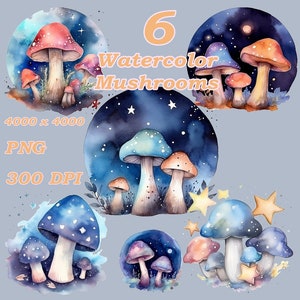 Pacote de clipart de cogumelo mágico estrelado em aquarela, 6 PNGs, 300 DPI, cenas noturnas encantadoras para projetos criativos e decoração