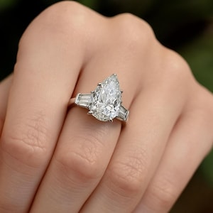5 CT Pear Moissanite Engagement Ring: 14K Solid Gold Baguette Side Stones