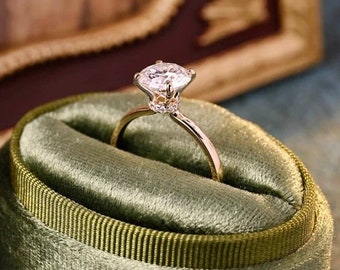 Massivgold 2 Karat Runder Moissanit-Verlobungsring, klassischer Versprechensring