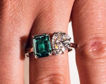 Emerald & Pear Moissanite Toi et Moi Ring, Unique Design, Anniversary Gift