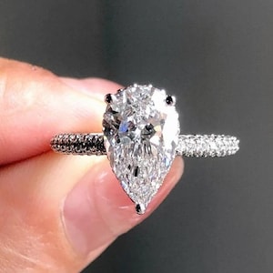 3 CT Pear Cut moissanite engagement ring 14K Solid White gold Pave setting promise ring anniversary gift for women/wife