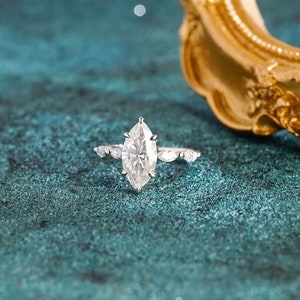 Solid gold Marquise cut moissanite engagement ring hidden halo vintage promise ring art deco ring anniversary gift for women/wife