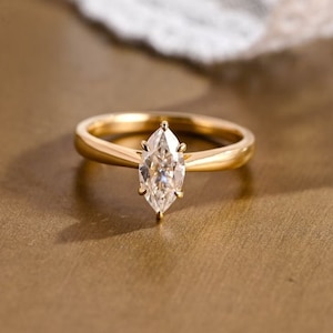 Solid Gold Marquise cut moissanite engagement ring simple vintage promise ring anniversary gift for women/wife