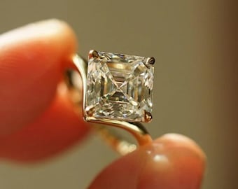 3 CT Asscher Cut Moissanite Engagement Ring, 10K Yellow Gold