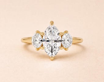 Anello di fidanzamento con diamante Marquise da 2 carati, anello di fidanzamento con tre pietre, anello di proposta certificato IGI