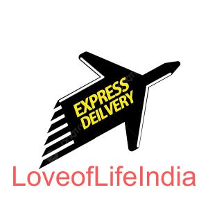 May include: Black and white airplane silhouette with a yellow "EXPRESS DELIVERY" text overlay. The text "LoveofLifeIndia" is below the airplane in red.
