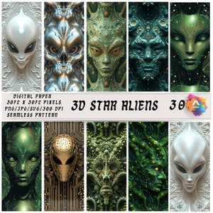 May include: A digital paper set featuring a seamless pattern of 3D alien faces in various colors. The image includes text that reads "3D STAR ALIENS" and "DIGITAL PAPER 3072 x 3072 PIXELS PNG/JPG/SVG/300 DPI SEAMLESS PATTERN".