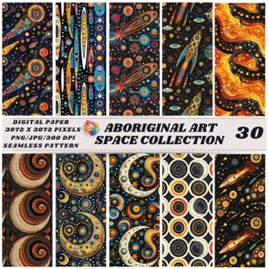 Könnte beinhalten: Eine Sammlung von 30 digitalen Papieren mit dem Thema Aboriginal Art Space. Die Designs zeigen Raketen, Monde und Himmelsmuster in leuchtenden Farben wie Orange, Blau und Gelb. Der Text "ABORIGINAL ART SPACE COLLECTION" ist zu sehen.