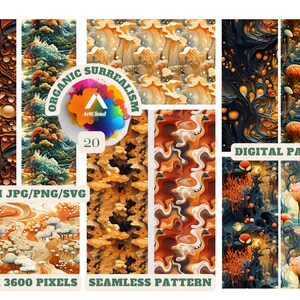 Peut inclure: Ensemble de papiers numériques avec des motifs surréalistes et organiques. Les motifs présentent des textures tourbillonnantes, des motifs de champignons et des paysages abstraits dans des tons de marron, orange, bleu et or. Contient le texte "Organic Surrealism", "Digital Paper", et "Seamless Pattern".