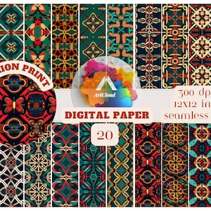 May include: A set of 20 digital papers featuring intricate geometric patterns in shades of red, green, blue, gold, and black. The papers are seamless and measure 12x12 inches at 300 dpi.