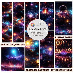 May include: A digital paper set titled "Quantum Disco" featuring vibrant, abstract designs. The artwork showcases glowing orbs and swirling patterns in shades of blue, orange, and purple. The set includes 18 seamless patterns, 3072 x 3072 pixels, 300 DPI.