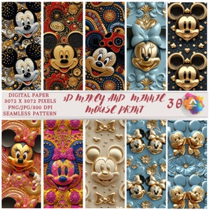 May include: Digital paper designs featuring 3D Mickey and Minnie Mouse illustrations. The artwork uses gold, black, blue, and pink hues with detailed patterns. The image includes the text "3D Mickey and Minnie Mouse Print". The designs are seamless.