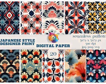 May include: A collection of 20 digital papers featuring Japanese-style designs. The patterns include floral and geometric motifs in a palette of red, blue, orange, and yellow. The text reads "JAPANESE STYLE DESIGNER PRINT DIGITAL PAPER". The image resolution is 3072 x 3072 px.