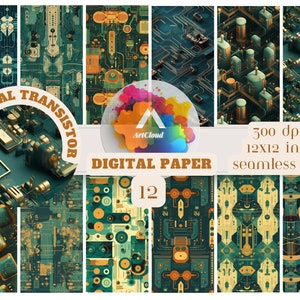 May include: A set of 12 digital papers with a seamless design. The papers feature a teal, gold, and orange colour scheme with intricate patterns of electrical circuits and components. The text "ELECTRICAL TRANSISTOR" and "DIGITAL PAPER" are visible.