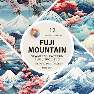 May include: Digital paper set featuring seamless patterns of Mount Fuji with cherry blossoms. The designs showcase the iconic mountain against a blue sky, with pink and red flowering trees. The set includes 12 digital papers in PNG, JPG, and SVG formats.