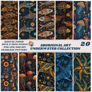 May include: A set of 20 digital papers with Aboriginal-style underwater art. The seamless patterns display fish, jellyfish, and manta rays, using a dark colour scheme with detailed dot patterns. The image includes the text "DIGITAL PAPER" and "ABORIGINAL ART UNDERWATER COLLECTION".