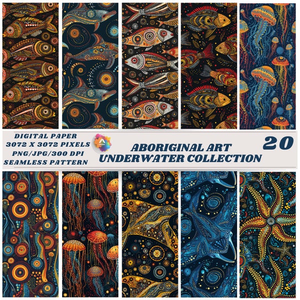 Aboriginal Art Underwater Collection, Seamless Pattern, Ocean Theme, Unique Fabric Design